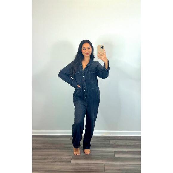 We The Free Pants - We The Free Free People Maris Denim Coverall in Blue Small Snap Front Pockets